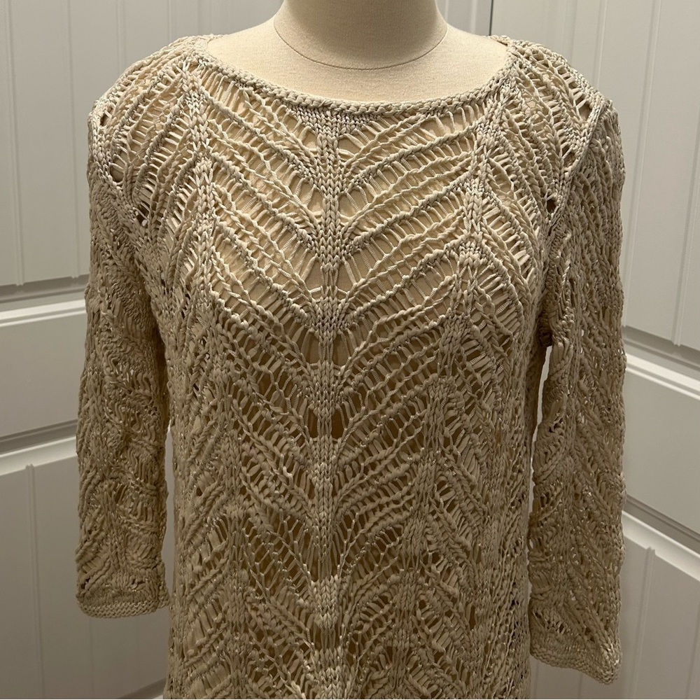 J Jill Woman’s Crocheted Sweater Size M Cream Off White Quarter Length Sleeves …